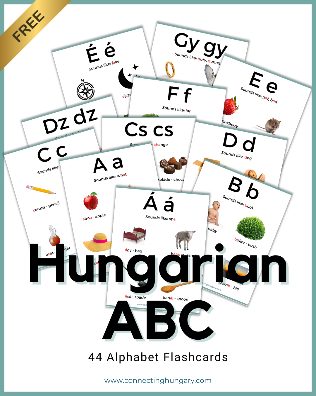 Hungarian ABC Flashcards featuring multiple alphabet cards with letters and images to support Hungarian language learning