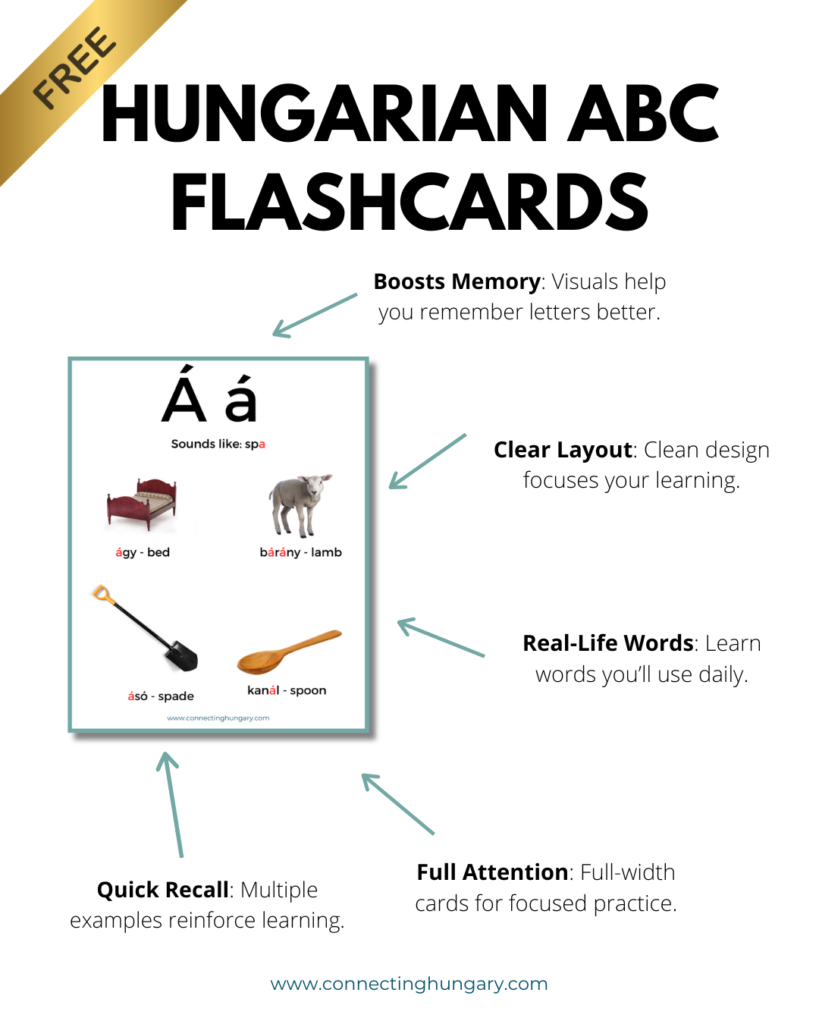 Hungarian ABC Flashcards with visuals showing letter Á and related words to boost memory and support language learning