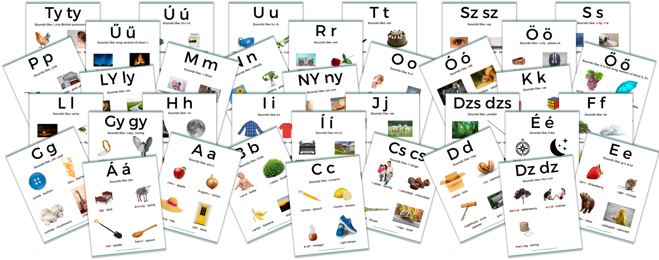 Full set of Hungarian ABC Flashcards displaying all 44 letters of the Hungarian alphabet with visuals and example words