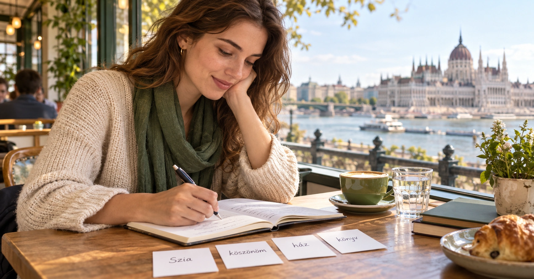Woman studying Hungarian vocabulary with flashcards and a notebook in a café overlooking the Hungarian Parliament in Budapest.