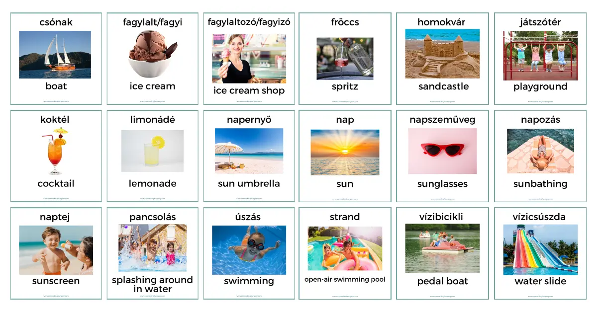 Hungarian Summer Flashcards Free – 18 illustrated vocabulary cards with images and Hungarian-English translations for summer words like sun, swimming, ice cream, and more.