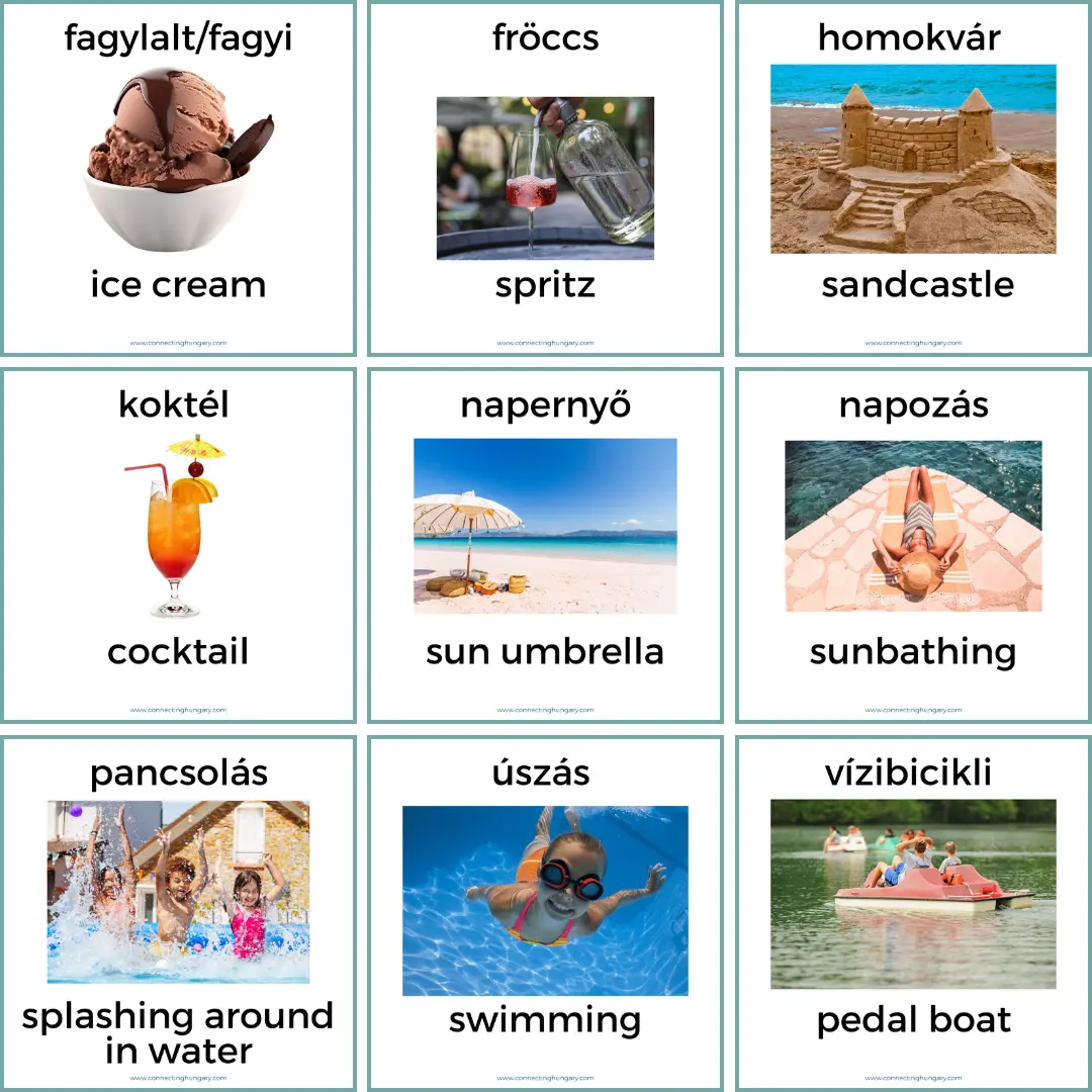 Hungarian Summer Flashcards – nine illustrated flashcards with Hungarian and English words for ice cream, spritz, sandcastle, cocktail, sun umbrella, sunbathing, splashing in water, swimming, and pedal boat.