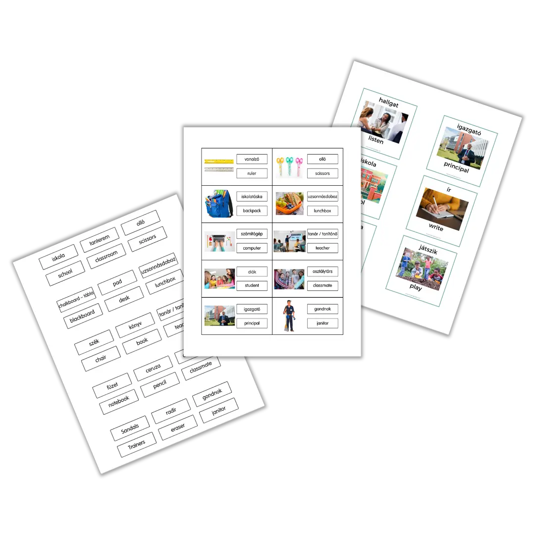 Hungarian school word flashcards free PDF showing vocabulary with pictures and translations for kids to learn school-related words.
