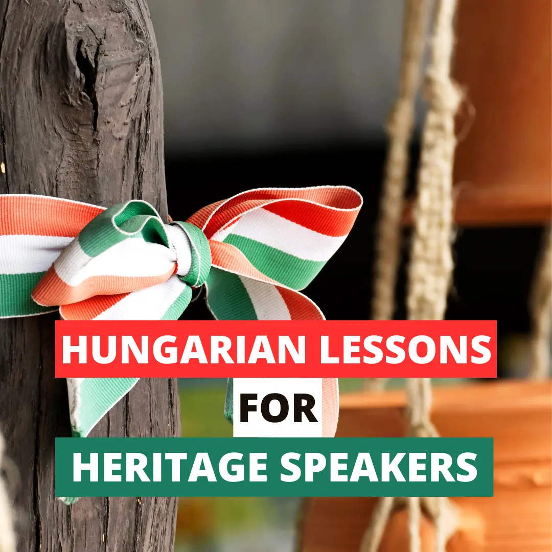 Ribbon in Hungarian flag colors tied on a wooden post with text promoting Hungarian lessons for heritage speakers