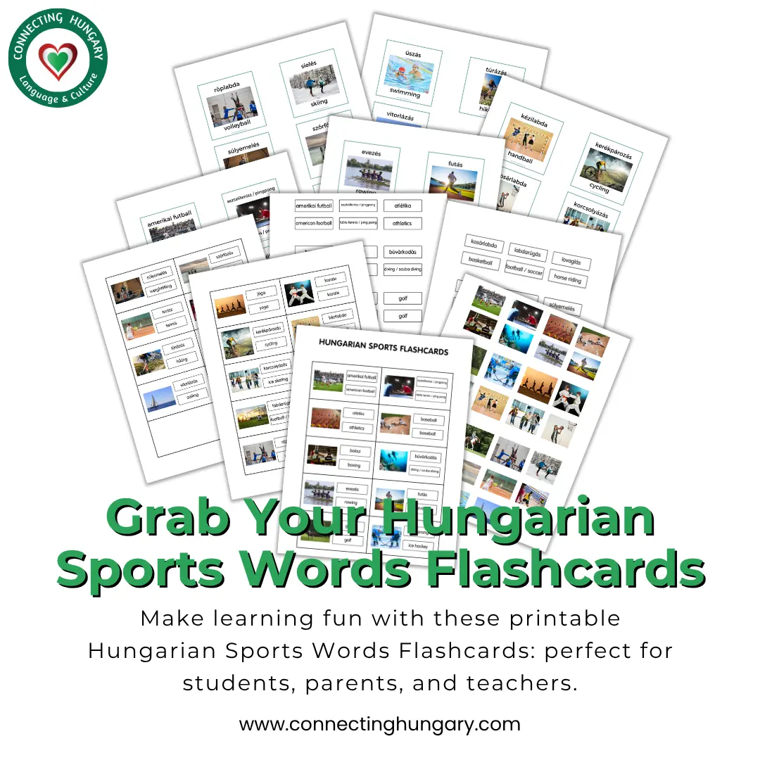 A promotional image for a Free Hungarian Sports Words Flashcards PDF by Connecting Hungary. It shows multiple printable sheets with sports flashcards in Hungarian and English, including images and word labels. Sports featured include swimming, rowing, cycling, volleyball, and more. The text highlights that the flashcards are perfect for students, parents, and teachers. The Connecting Hungary logo and website (www.connectinghungary.com) are also visible.