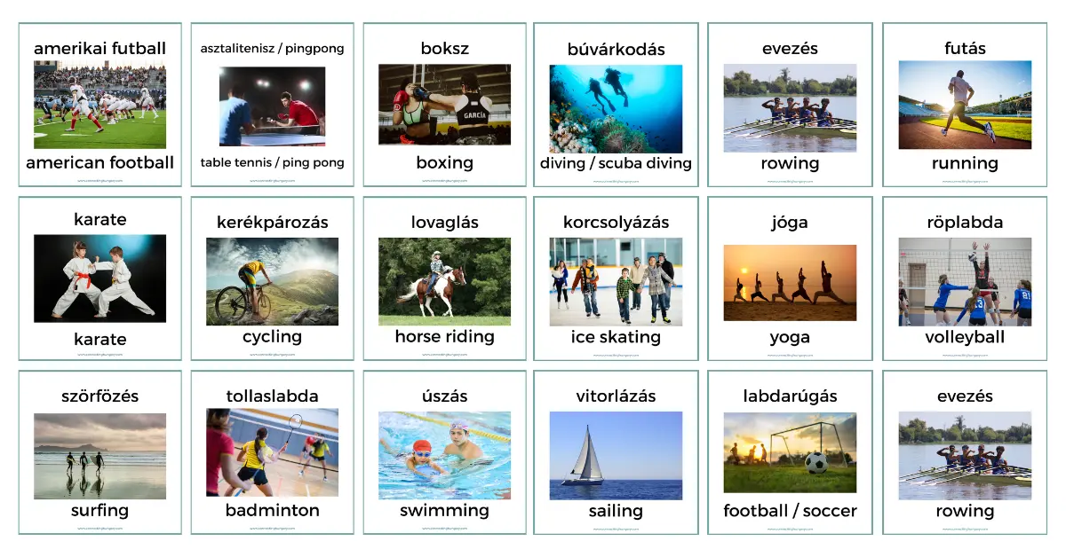 A set of Free Hungarian Sports Words Flashcards showing images of various sports with their Hungarian and English names. Examples include "amerikai futball" (American football), "kerékpározás" (cycling), "úszás" (swimming), and "labdarúgás" (football/soccer). Each card includes a photo, the Hungarian word, and its English translation.