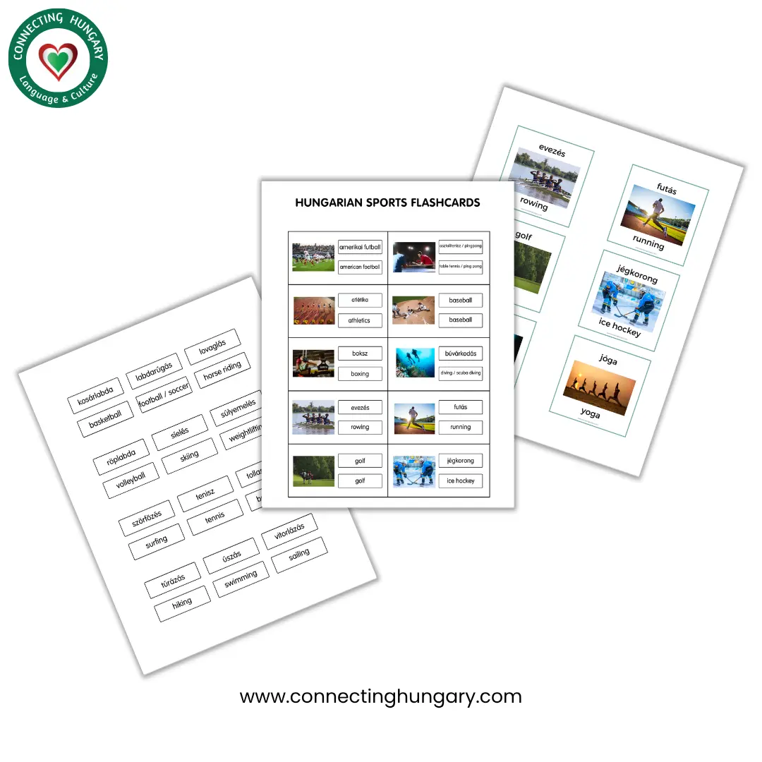A set of printable Hungarian Sports Words Flashcards from Connecting Hungary. The image shows three sheets: one with images and vocabulary in both Hungarian and English, one with picture flashcards, and one with cut-out word labels. Examples include "úszás" (swimming), "futás" (running), "jégkorong" (ice hockey), and "labdarúgás" (football/soccer). Website www.connectinghungary.com is shown at the bottom.