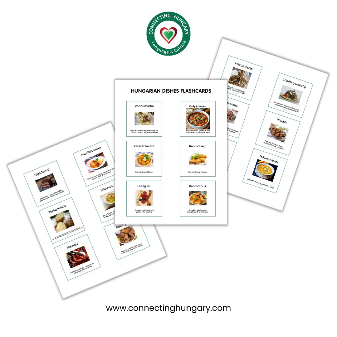 Preview of printable Hungarian dishes flashcards PDF showing multiple pages of traditional foods with images and English descriptions