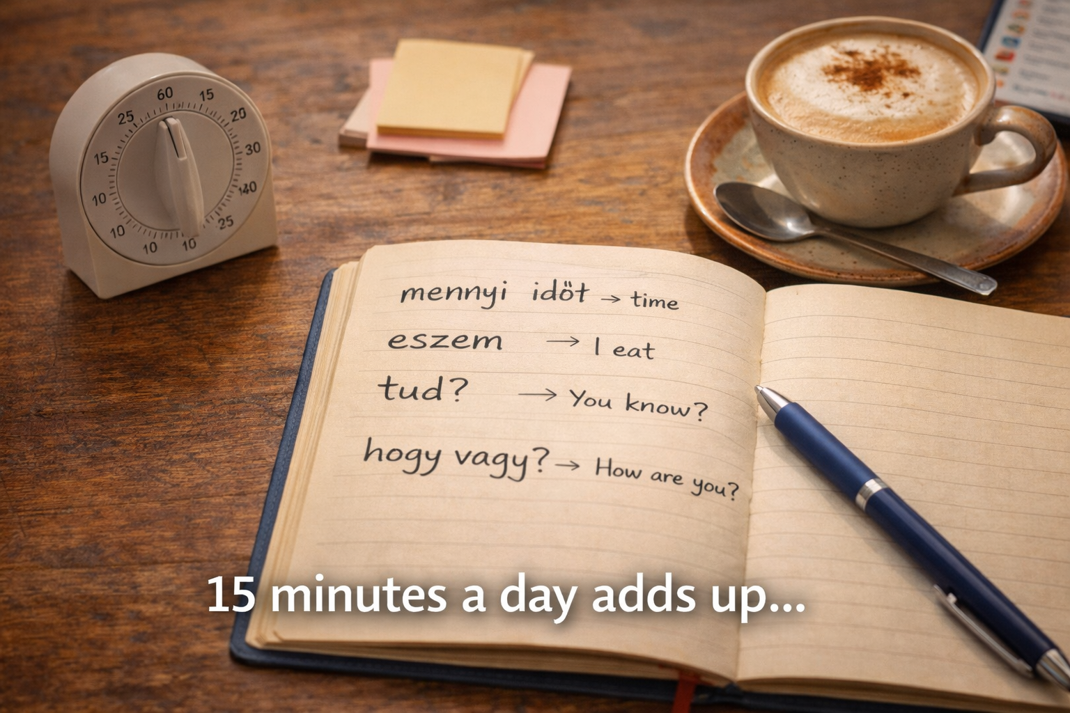 Short Hungarian study session with a notebook, pen, coffee, and a 15-minute timer on a wooden table.