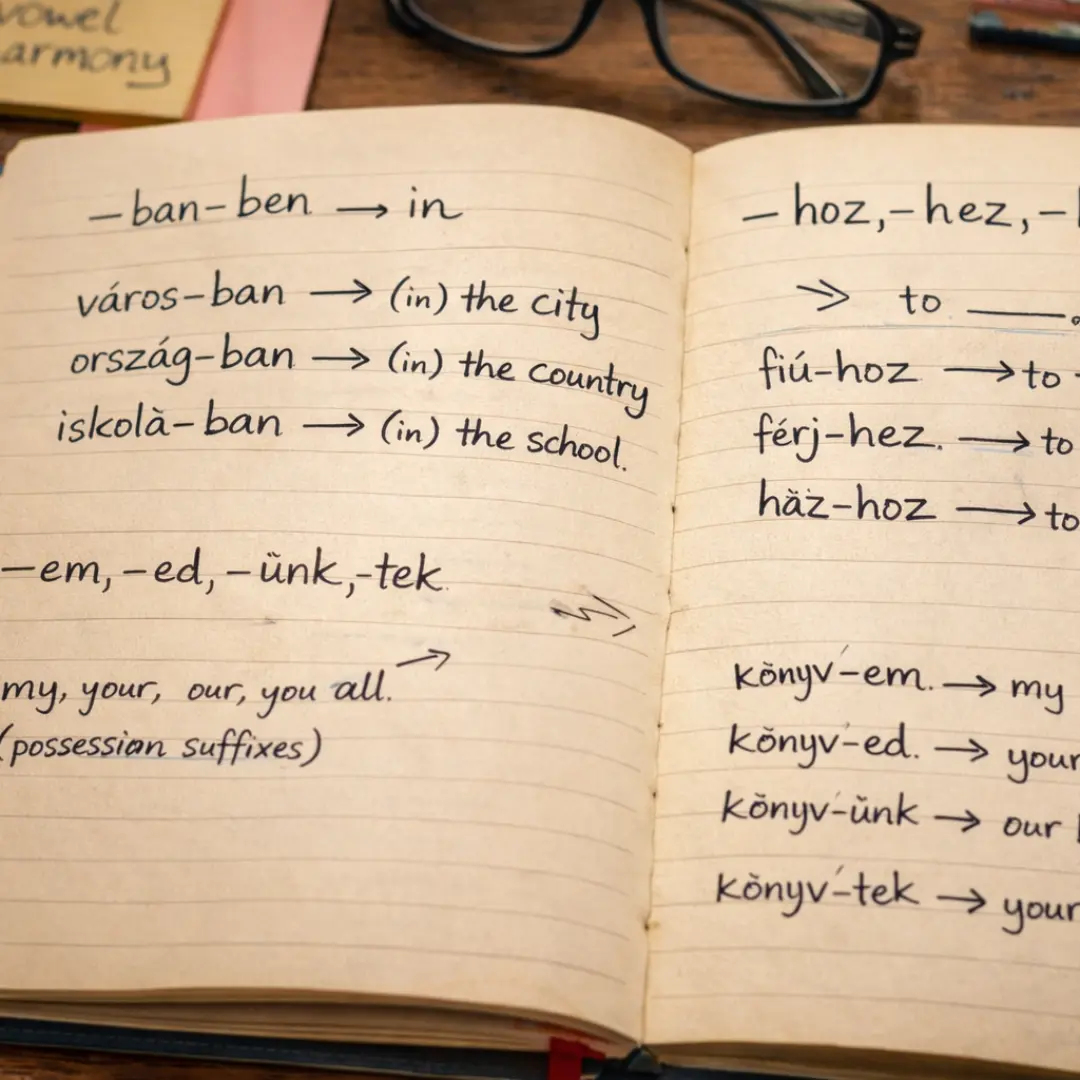 Handwritten Hungarian grammar notes showing suffix patterns, arrows, and simple examples written in a notebook.
