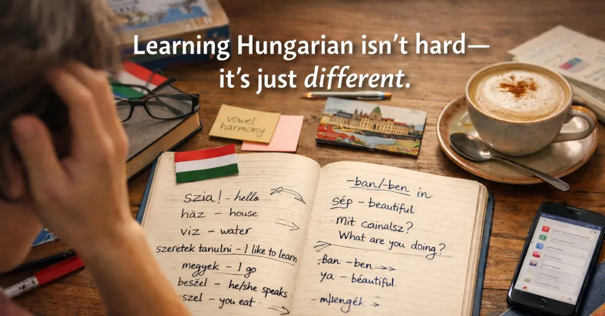 Learner studying Hungarian at a desk with a notebook, coffee, and handwritten vocabulary notes in a calm, everyday setting.