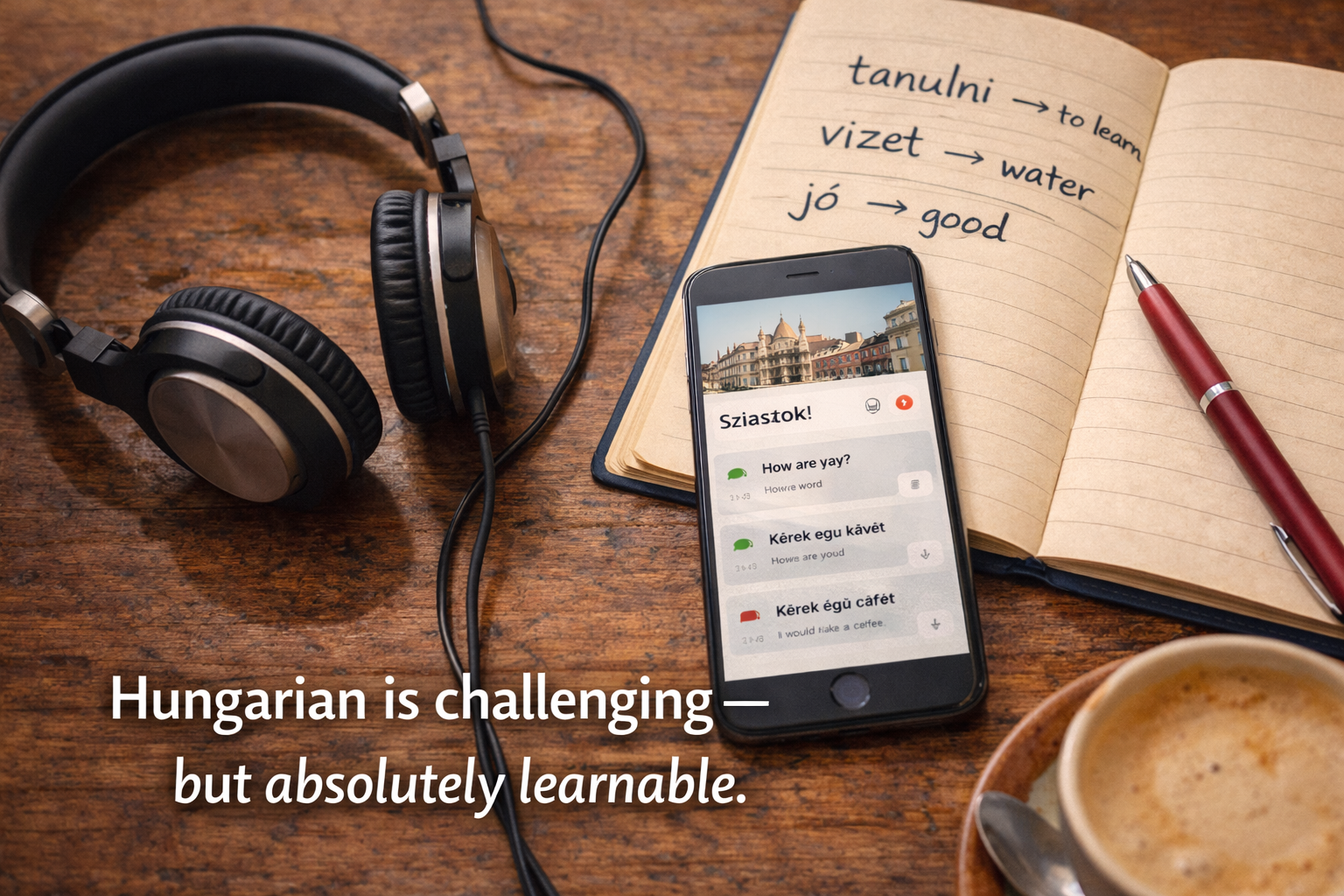 Smartphone with a Hungarian language app, headphones, and a notebook on a desk, showing modern language learning.