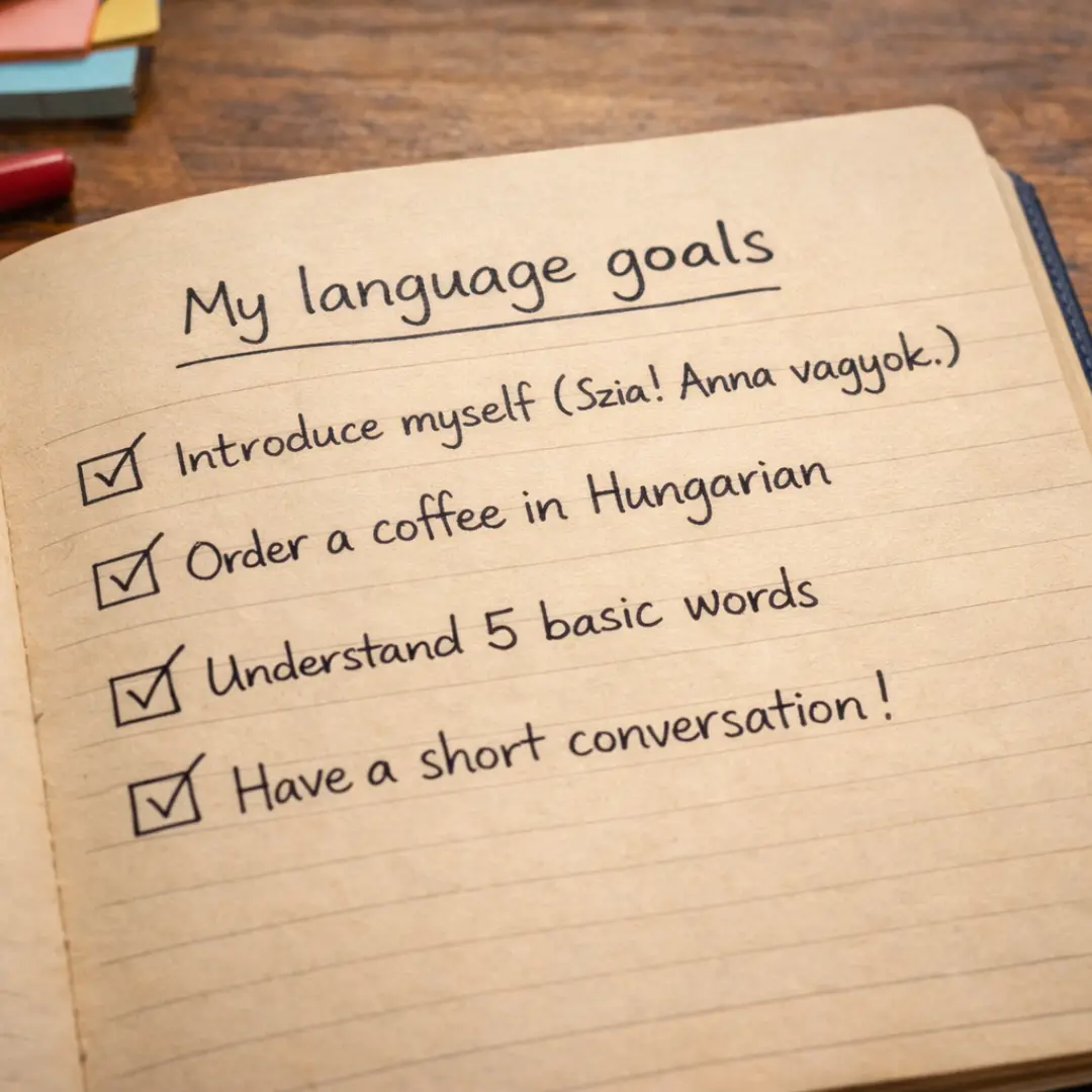 Notebook showing small Hungarian learning goals checked off, including introducing yourself and having a short conversation.