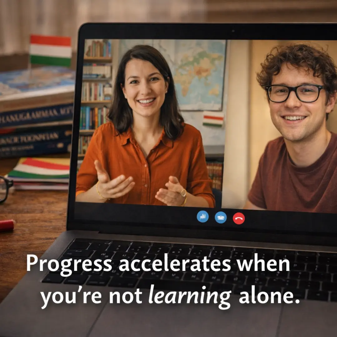 Hungarian tutor and learner smiling during an online video lesson on a laptop, showing friendly conversation practice.
