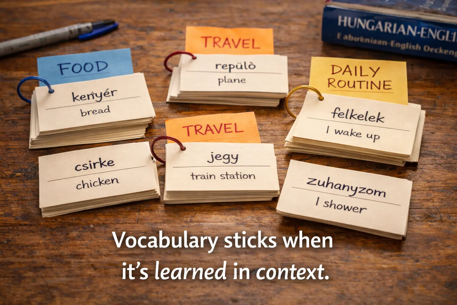 Hungarian vocabulary flashcards grouped by theme, including food, travel, and daily routine words.