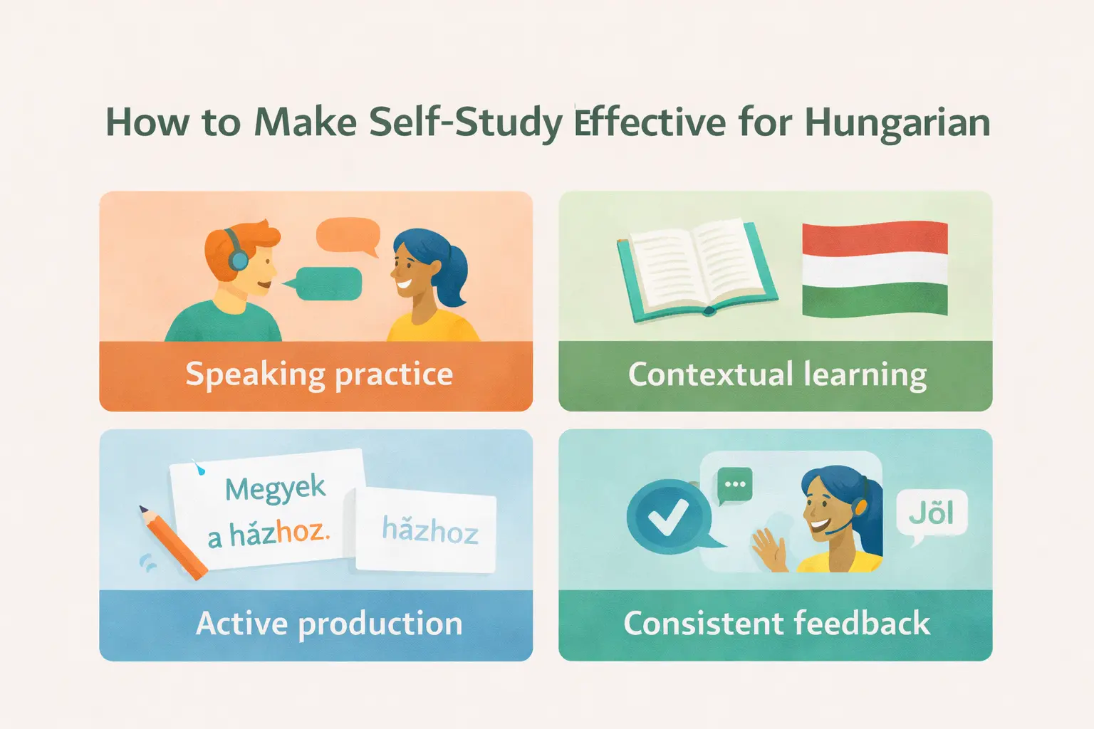 Four-part framework showing how to improve Hungarian self-study through speaking practice, contextual learning, active production, and consistent feedback.