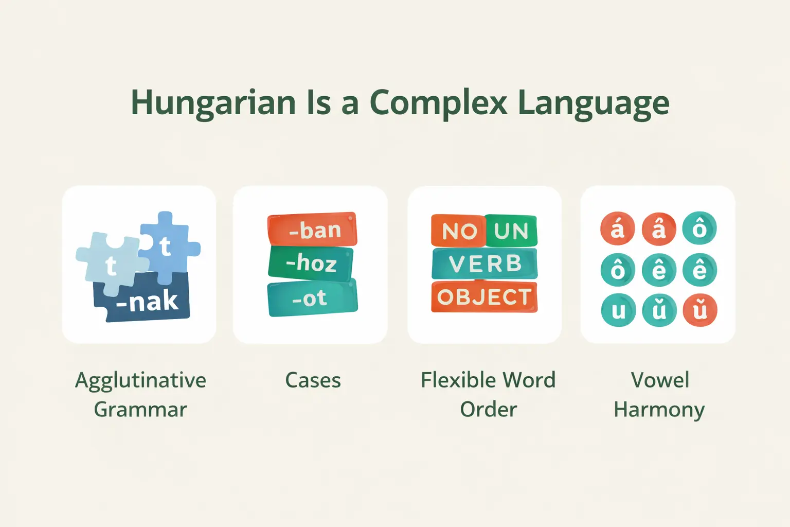 Illustration showing four features that make Hungarian difficult to learn: agglutinative grammar, grammatical cases, flexible word order, and vowel harmony.