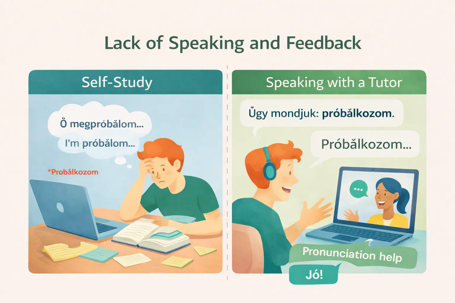 Illustration comparing a frustrated self-study learner with someone practising Hungarian with a tutor and receiving corrections and pronunciation help.