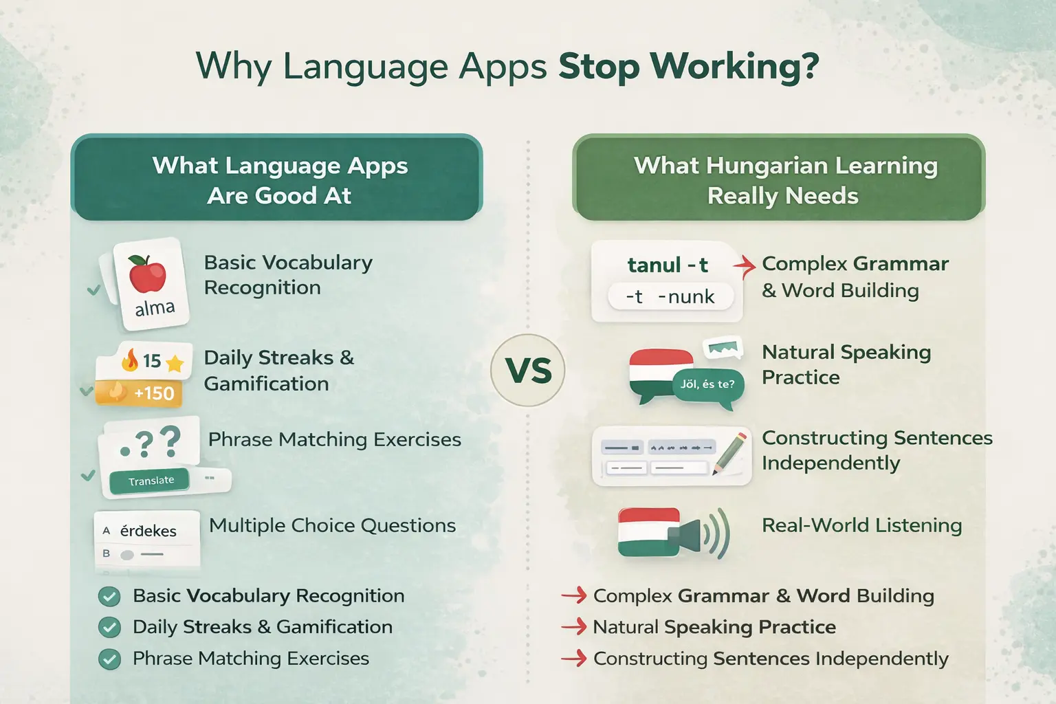 Infographic comparing language app strengths with real Hungarian learning needs