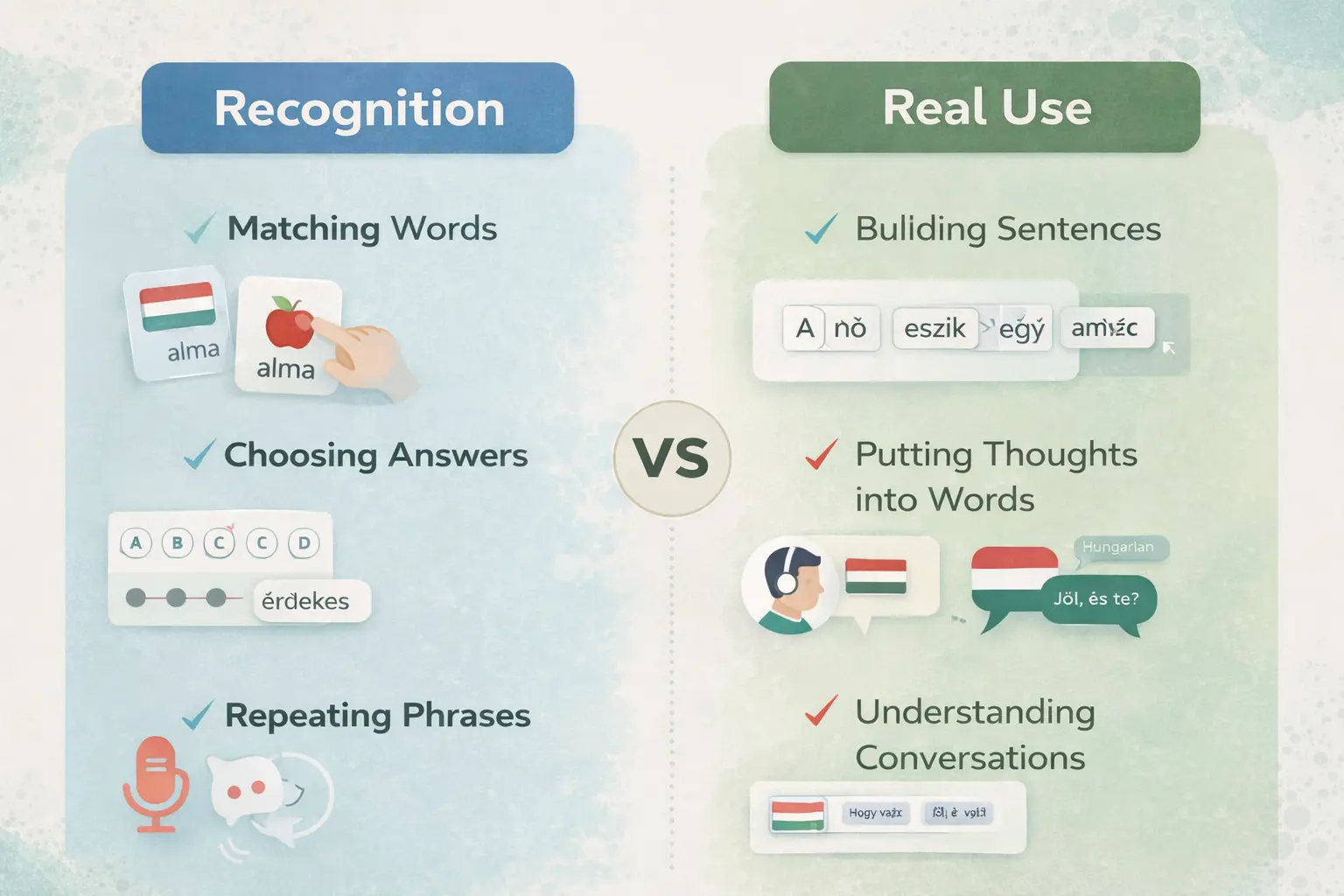 Recognition versus real use graphic for Hungarian language learning