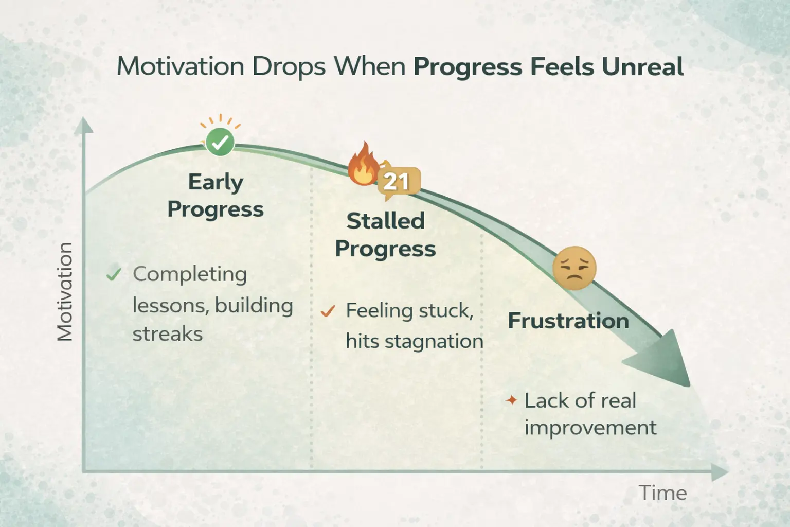 Chart showing motivation dropping over time when Hungarian app progress feels unreal