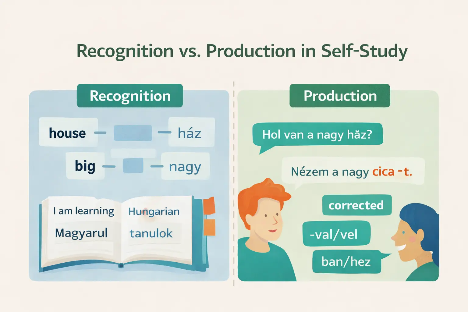 Side-by-side graphic comparing recognising Hungarian vocabulary and grammar in books versus actively producing correct Hungarian sentences in conversation.