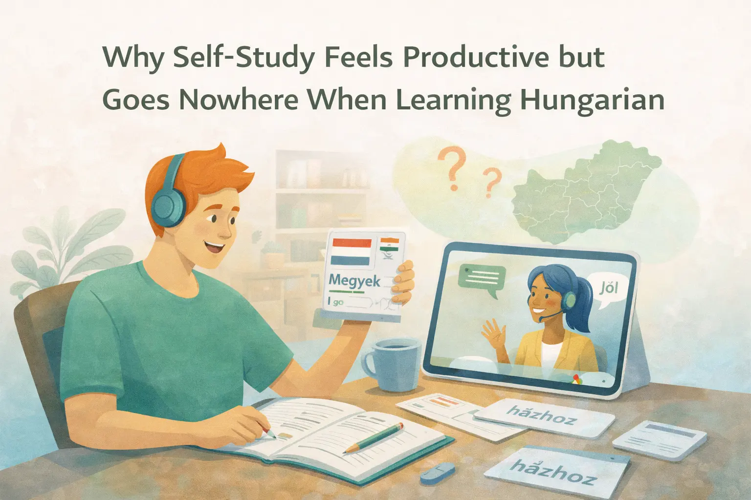 Featured image showing a learner studying Hungarian flashcards and vocabulary while speaking with an online Hungarian tutor on a tablet.