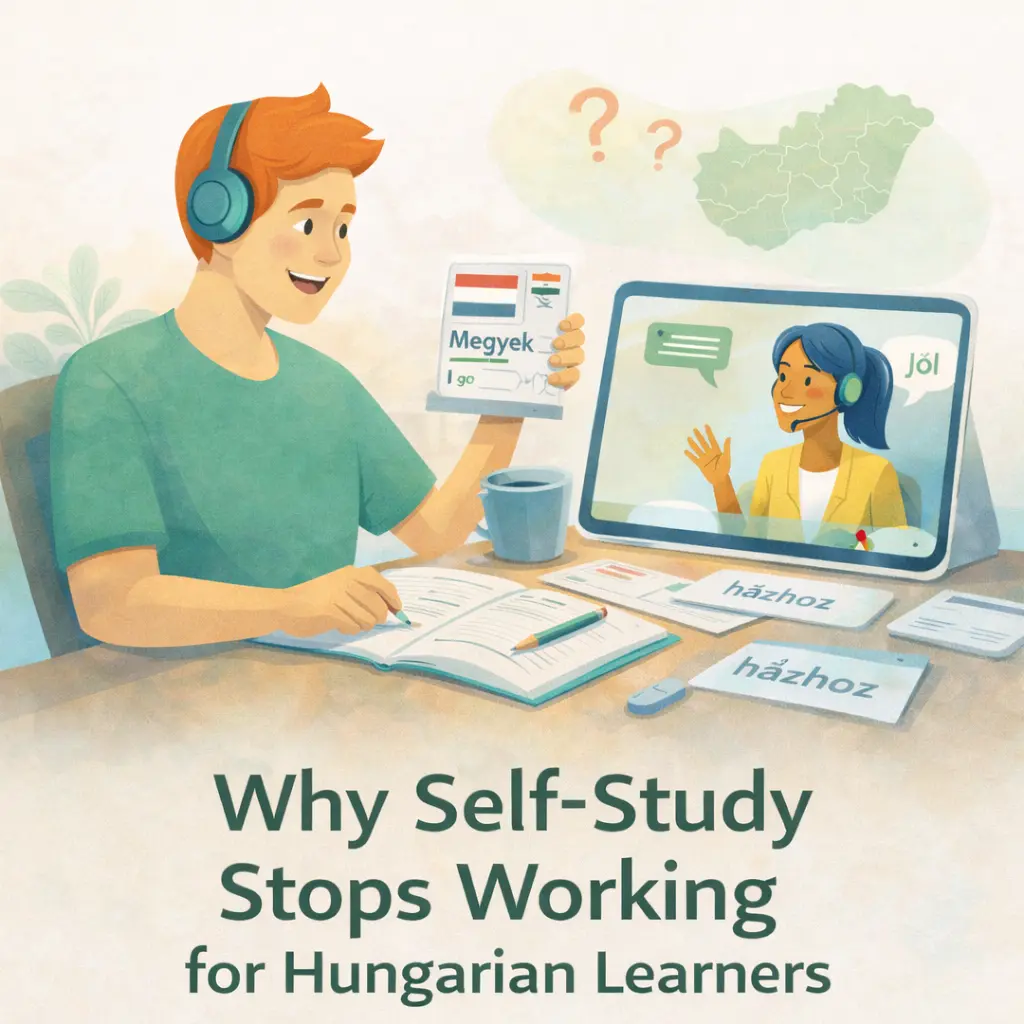 Illustration of a student studying Hungarian with flashcards and an online tutor on a tablet while learning common Hungarian words and phrases.
