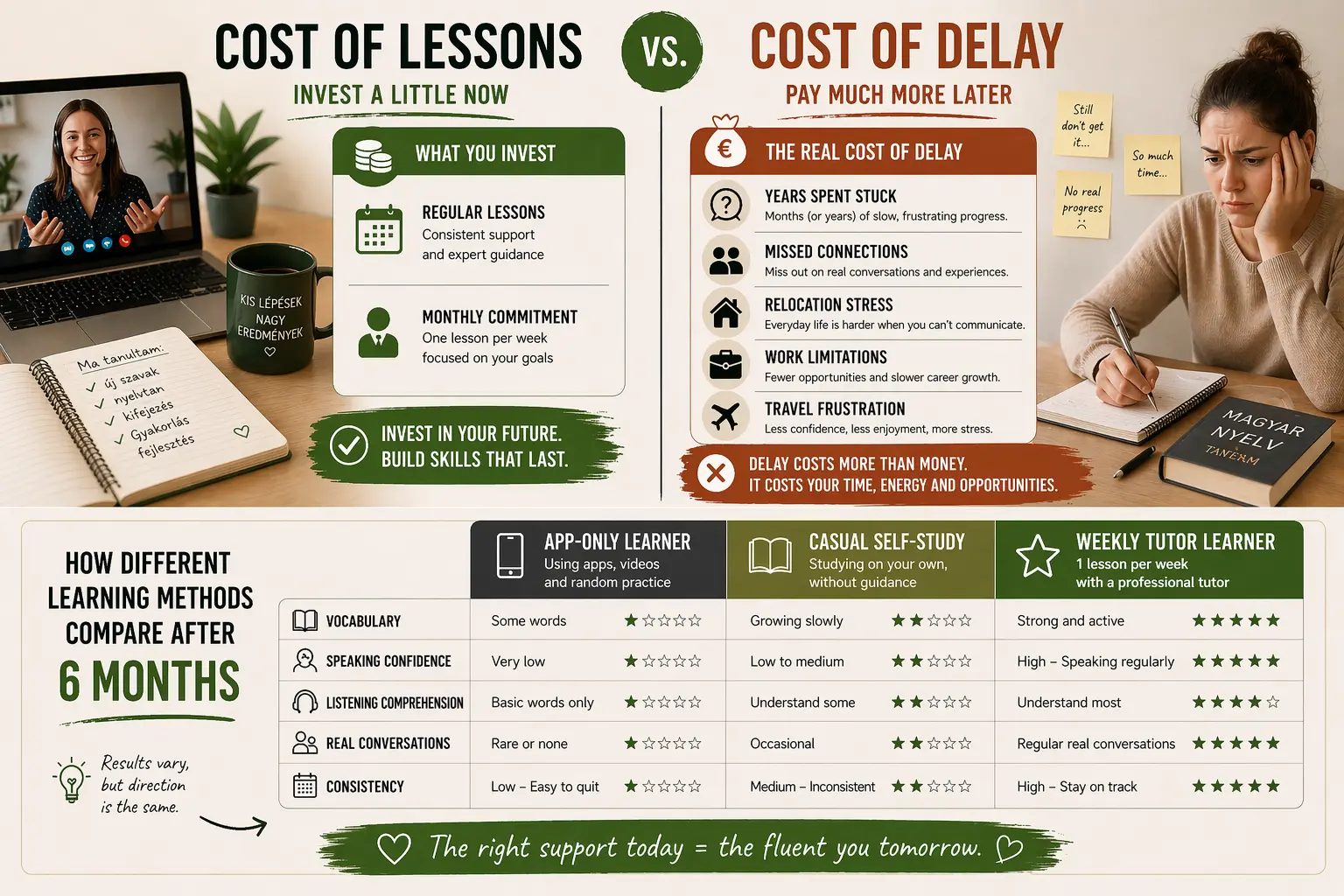 Split-screen graphic comparing free or cheap Hungarian learning methods with real online lessons. On the left, a frustrated learner sits with language apps, YouTube, phrasebooks, and self-study materials. On the right, a learner attends an online lesson with a tutor and shows notes, progress, and confidence. The graphic highlights the difference between slow progress and structured learning with feedback.