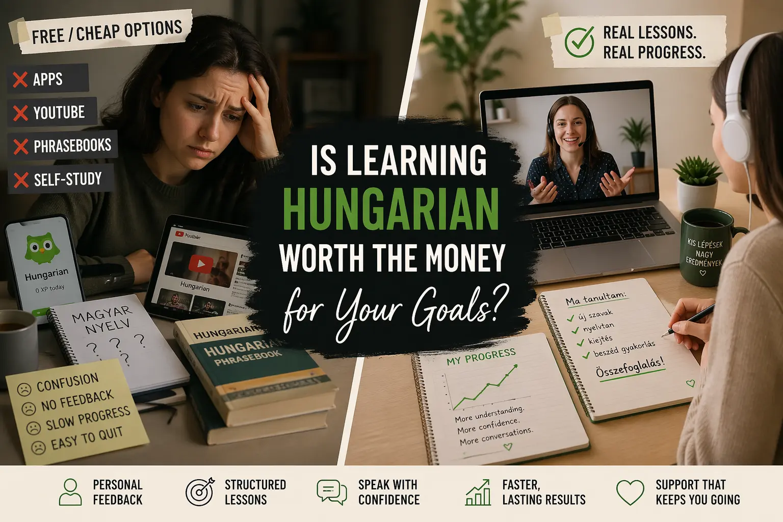 Split-screen graphic comparing free or cheap Hungarian learning methods with real online lessons. On the left, a frustrated learner sits with language apps, YouTube, phrasebooks, and self-study materials. On the right, a learner attends an online lesson with a tutor and shows notes, progress, and confidence. The graphic highlights the difference between slow progress and structured learning with feedback.