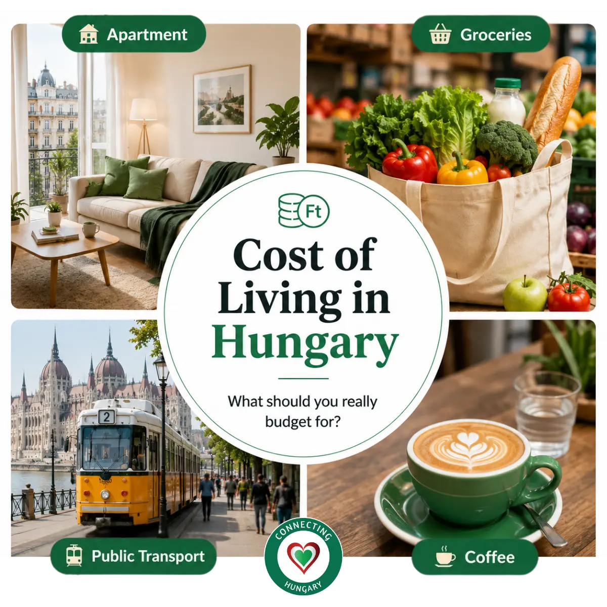 Infographic showing key everyday living expenses in Hungary, including apartment, groceries, public transport and coffee. The centre reads "Cost of Living in Hungary" with the subtitle "What should you really budget for?" surrounded by representative photos of housing, fresh food, a Budapest tram and a coffee, with Connecting Hungary branding.