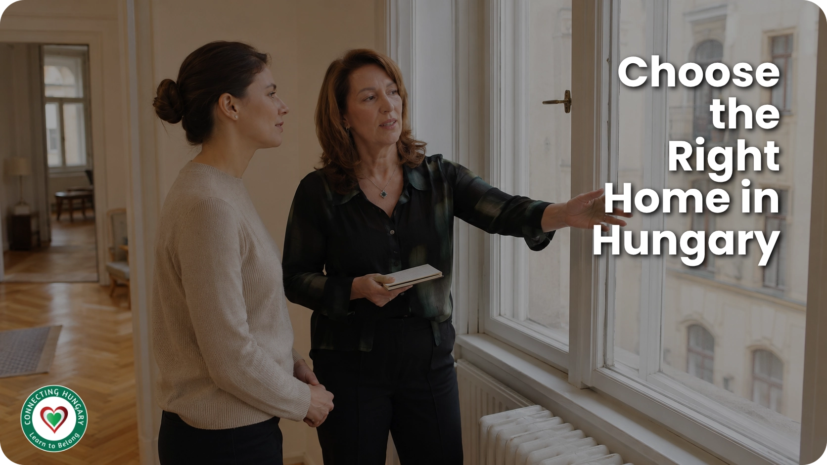 Magdolna helping a newcomer assess the windows, heating and condition of a Budapest apartment.