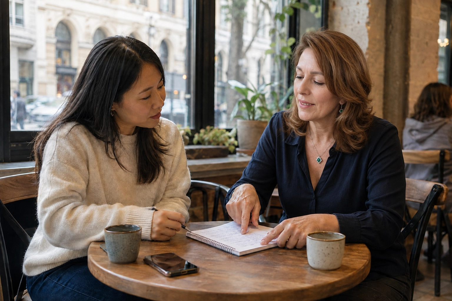Magdolna helping a newcomer prepare for daily conversations in Hungary
