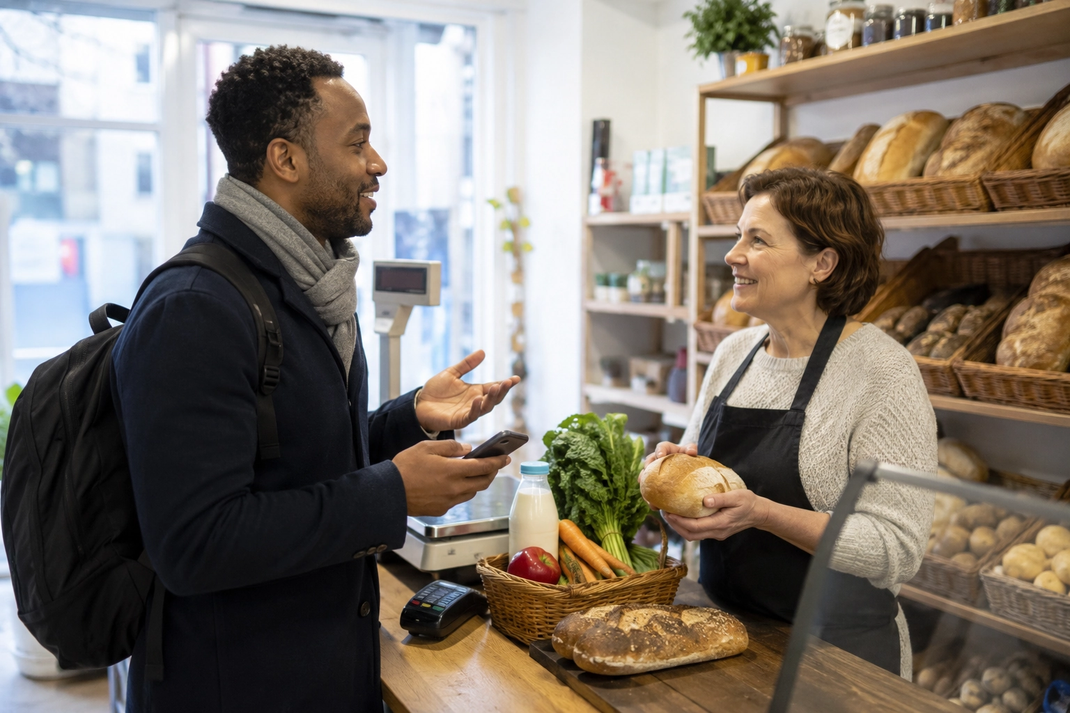 Newcomer communicating with a shop assistant in Hungary