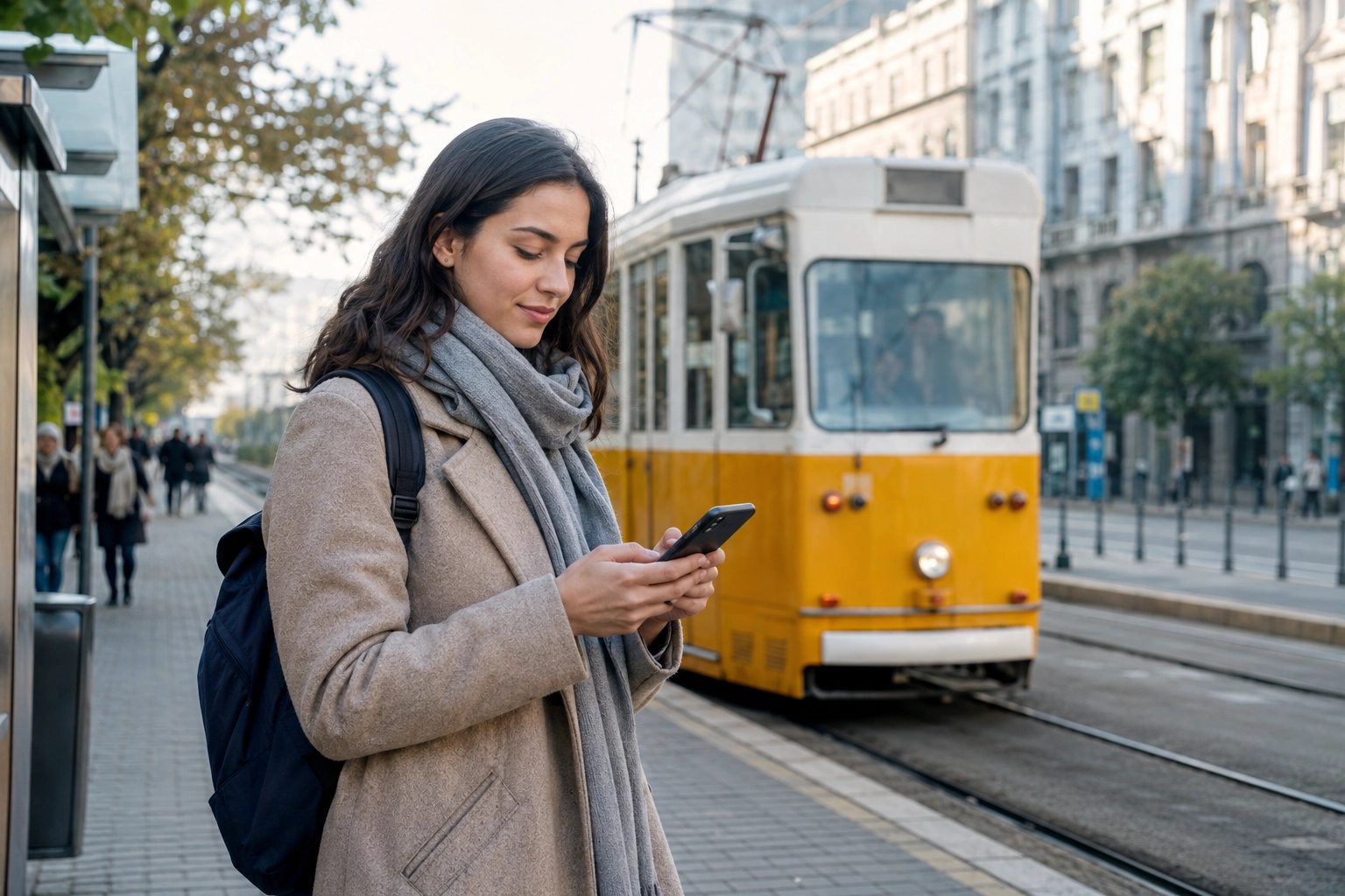 Newcomer checking a route beside a yellow tram in Budapest