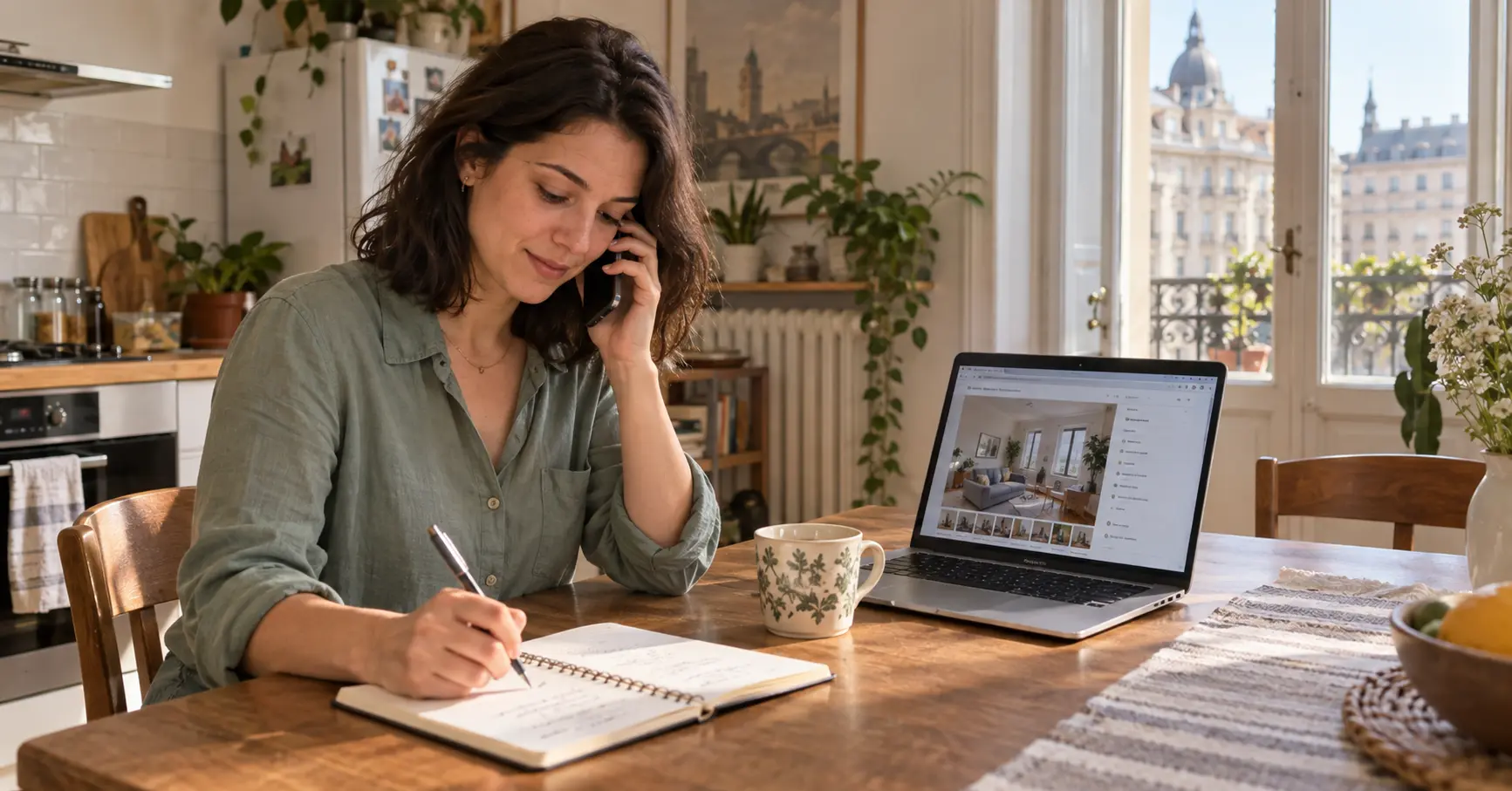 Woman taking notes during a phone call, with an apartment listing open on her laptop.