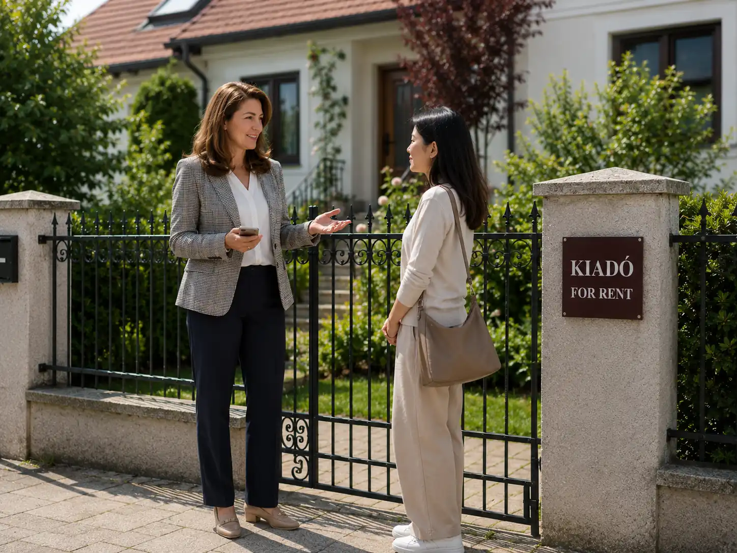 Two women talking outside a house beside a gate with a sign reading “Kiadó”, Hungarian for “For rent.
