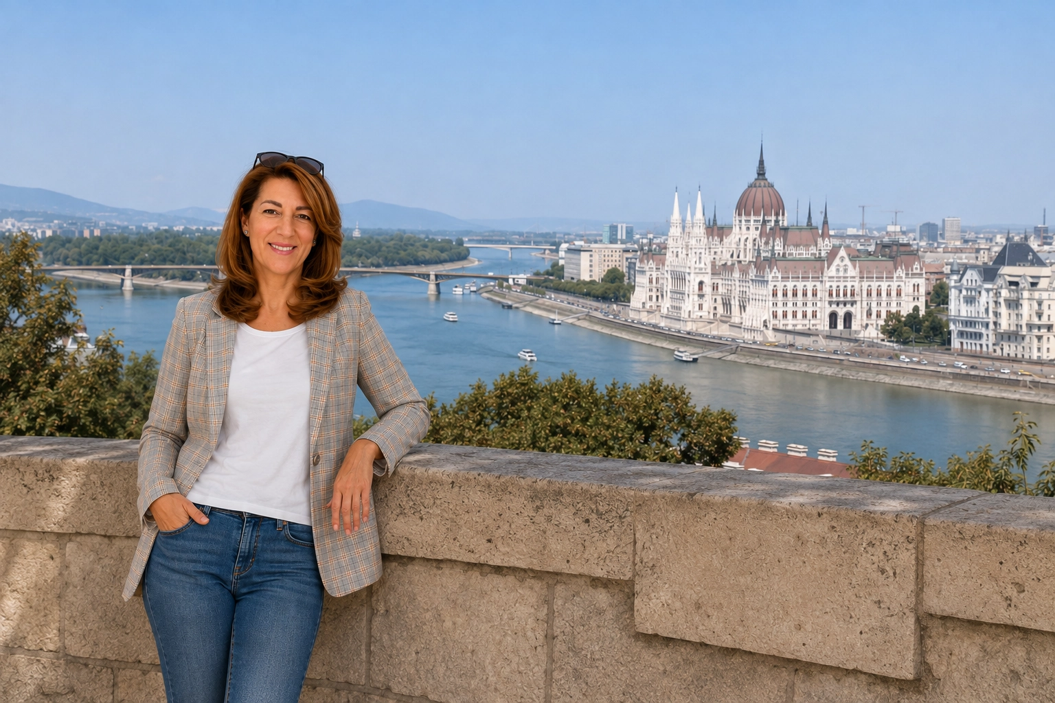 Magdolna standing beside the Danube River with the Hungarian Parliament Building in the background in Budapest.