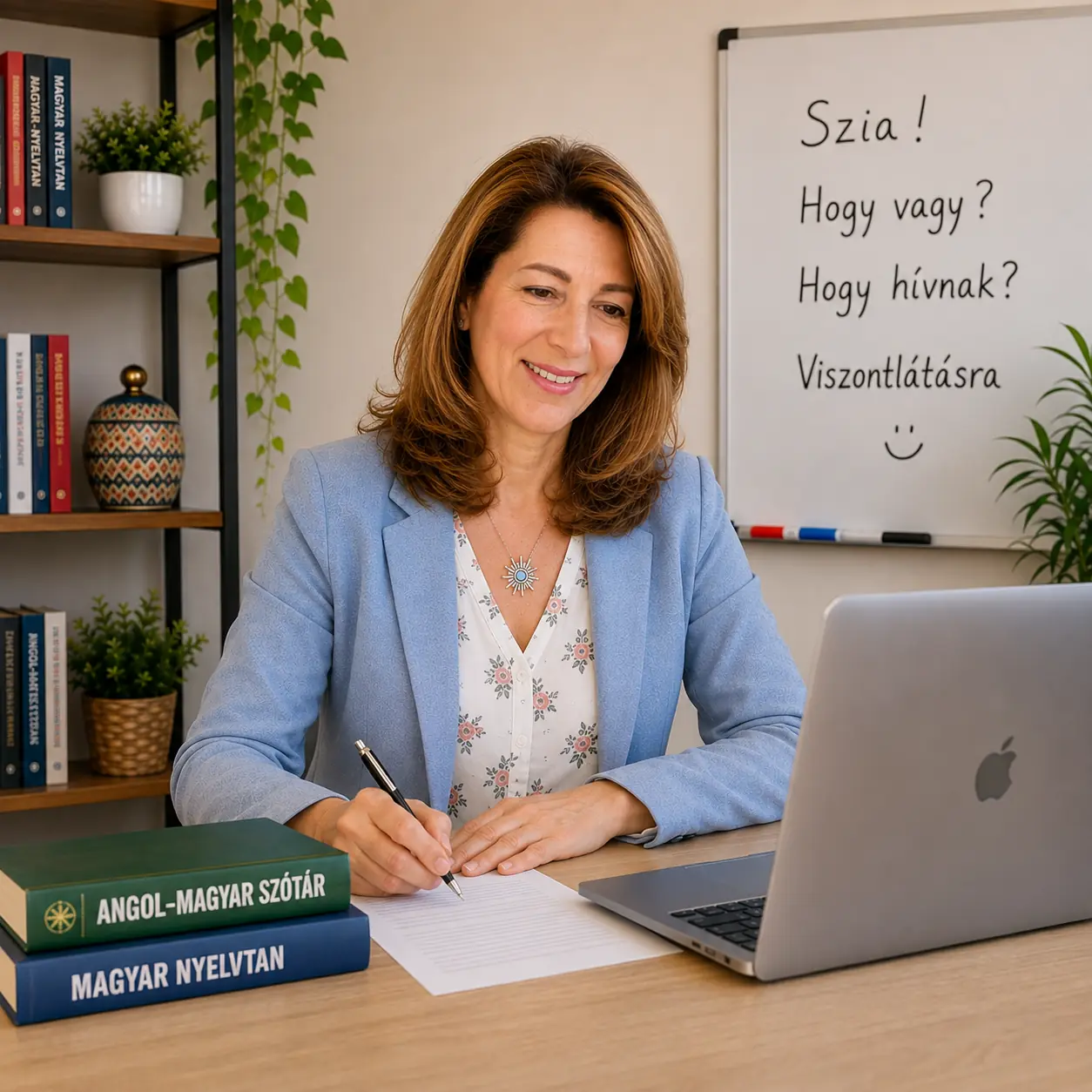 Magdolna at a desk with a laptop and Hungarian language books, with everyday Hungarian phrases on a whiteboard behind her.